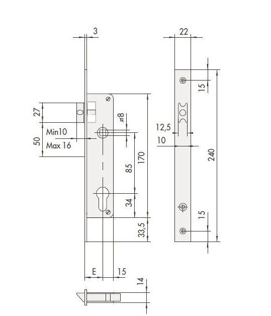 CERRADURA SOLO RESBALON PARA PERFIL METALICO CON CILINDRO EUROPERFIL CISA 44651