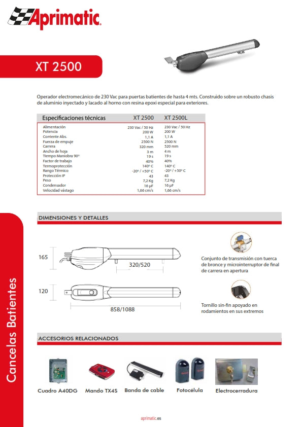 Ficha técnica del motor para puertas batientes xt 2500 de aprimatic