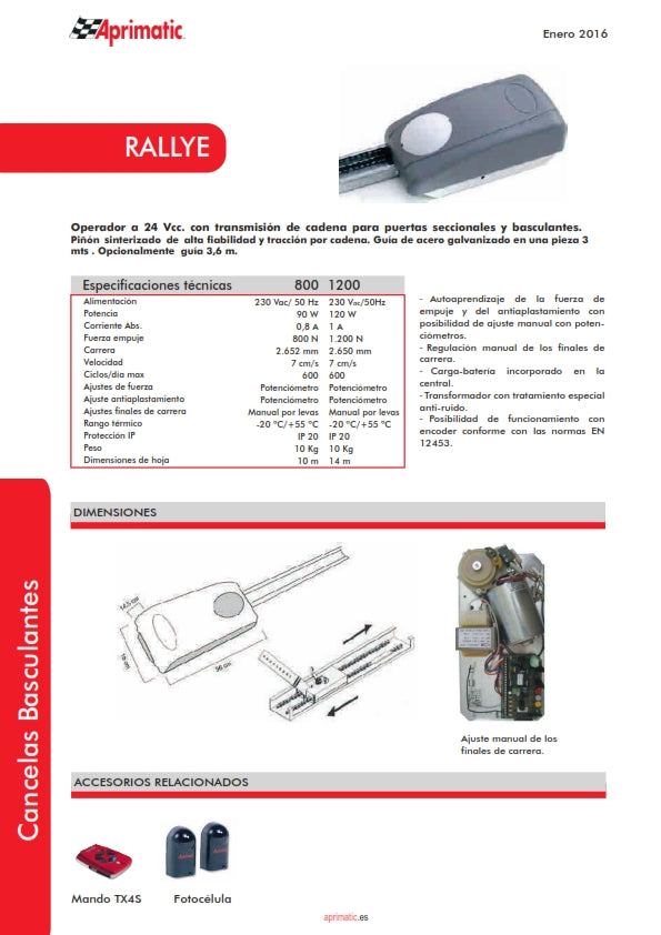 Ficha técnica del motor Rallye 1200 para puertas seccionales